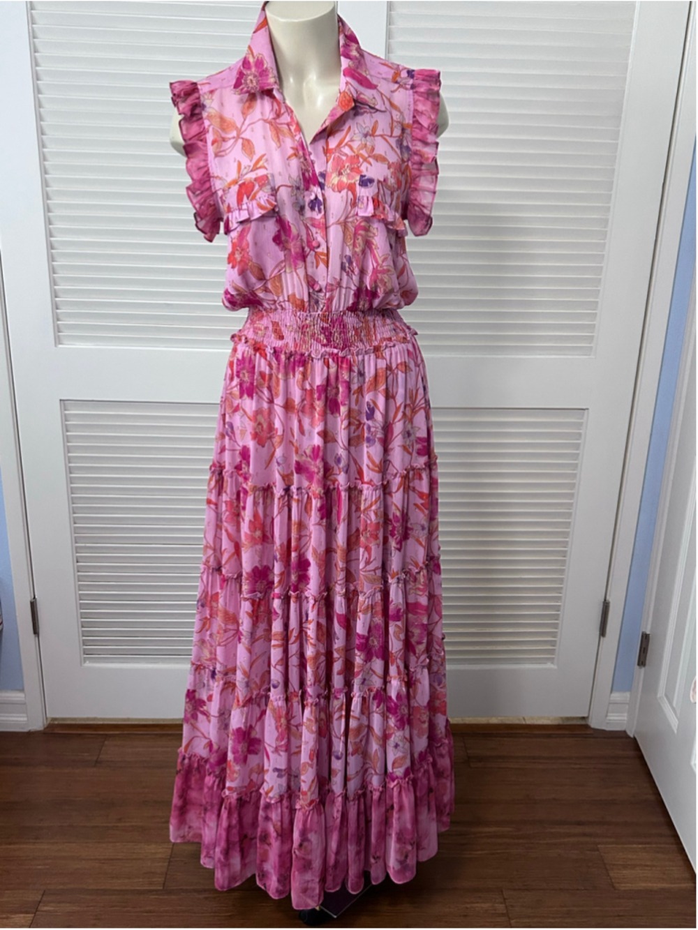MISA Los Angeles Trina Fire Florals Mix Ruffle Midi Dress M - Picture 2 of 16